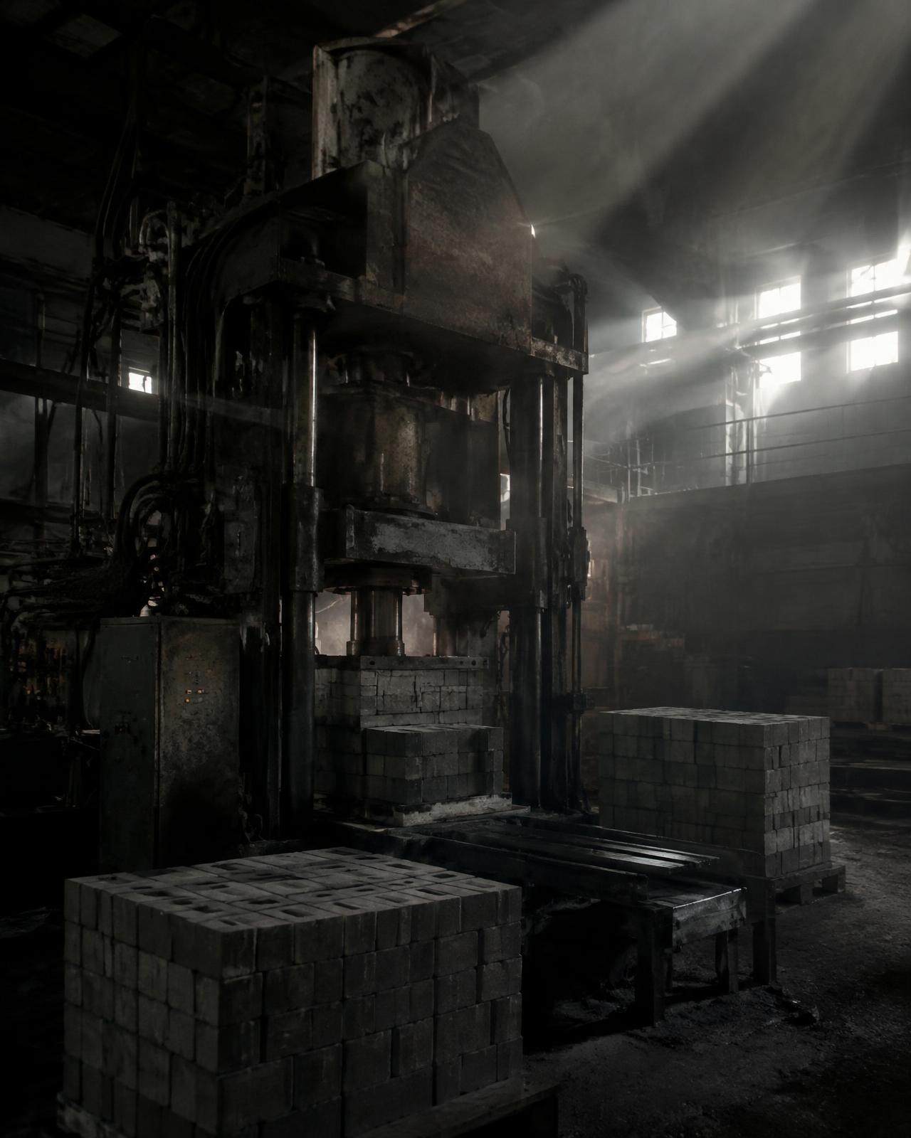 Hydraulic brick press inside the ABI works