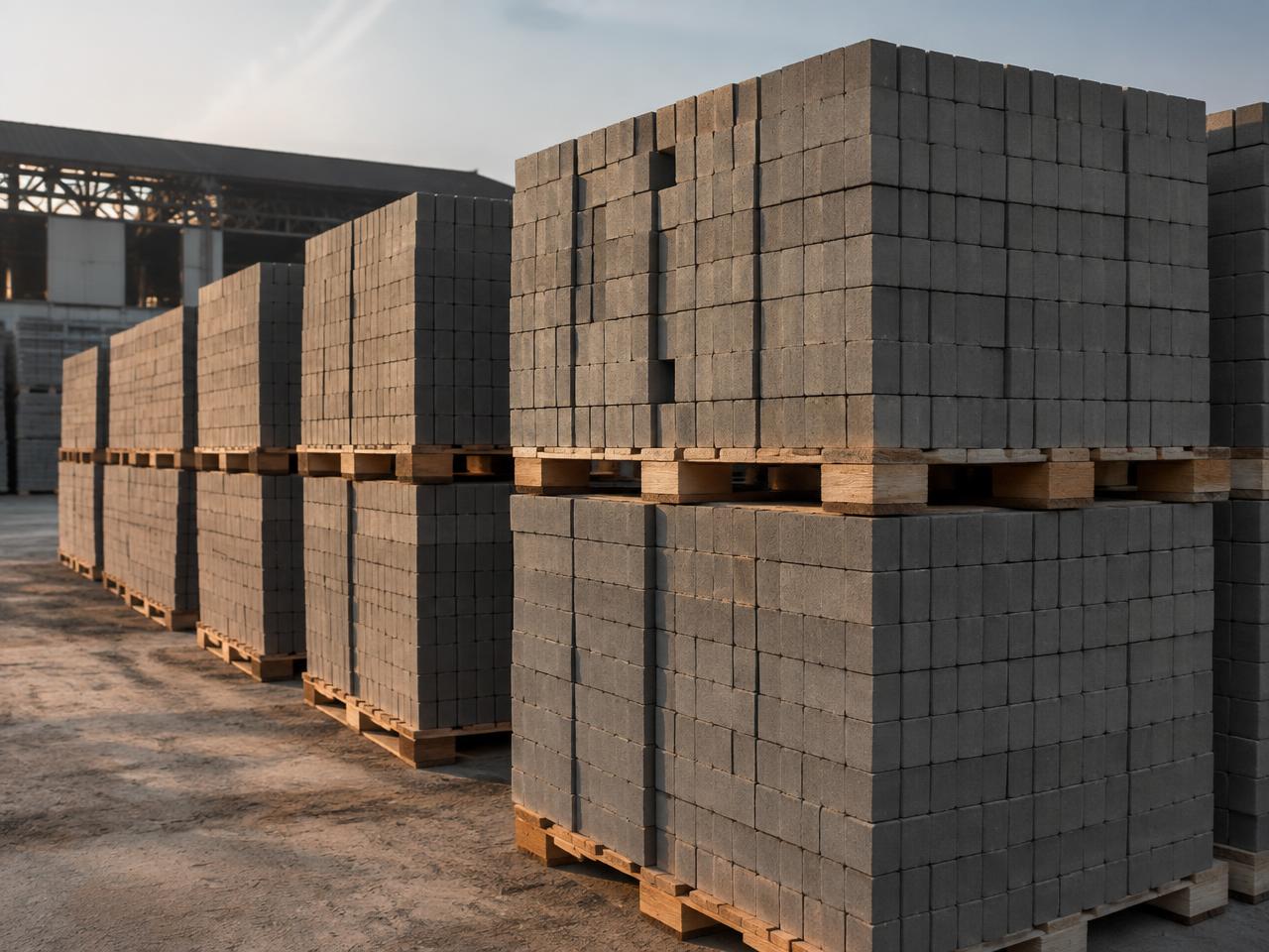 Uniform fly ash bricks stacked in rows