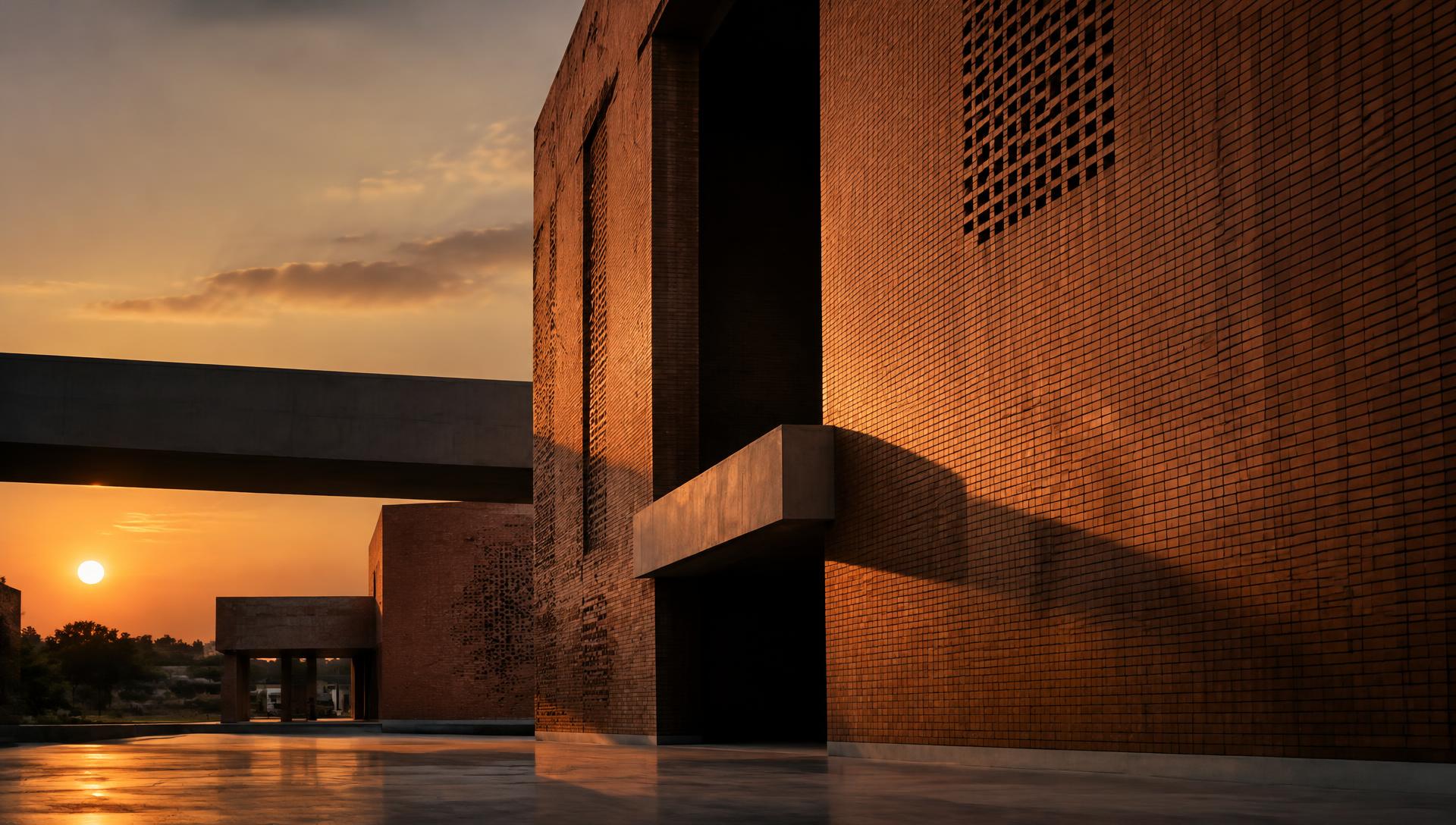 Monumental brick architecture at dusk
